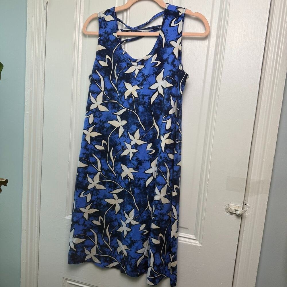 Denim & Co. Beach Jersey Knee Length Dress Marine Blue Tropical Womens Small